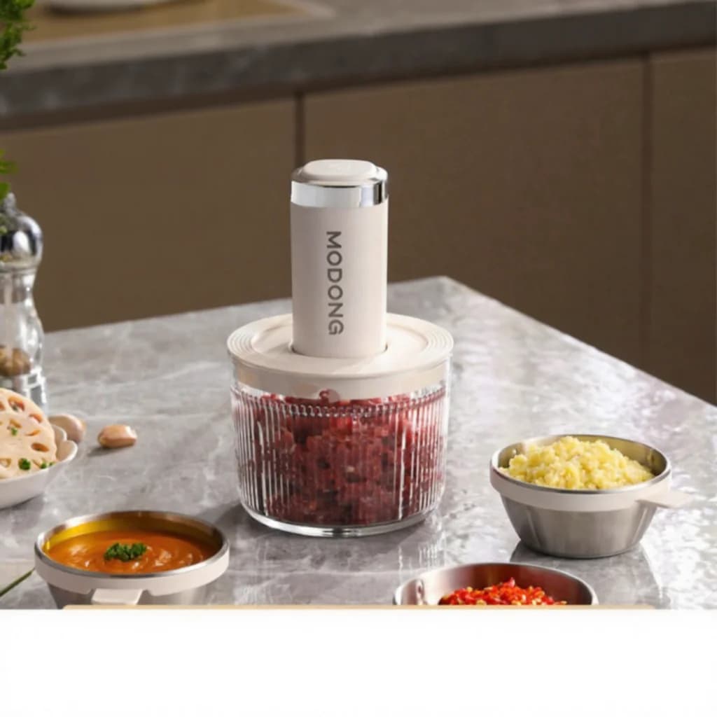 Elektrisk foodprocessor med glaskål og 4 knive til hjemmet