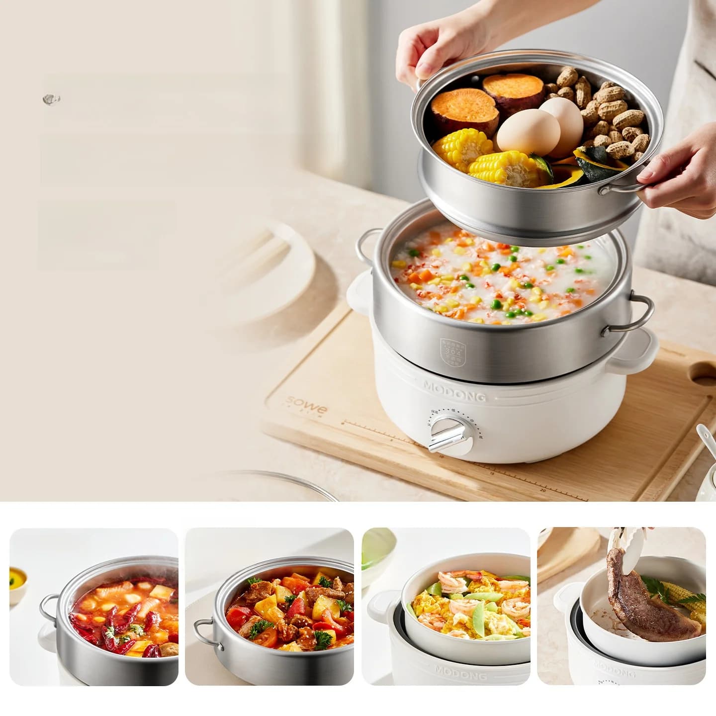 Opdelt elektrisk hotpot i rustfrit stål, 2L, 3 varmeindstillinger