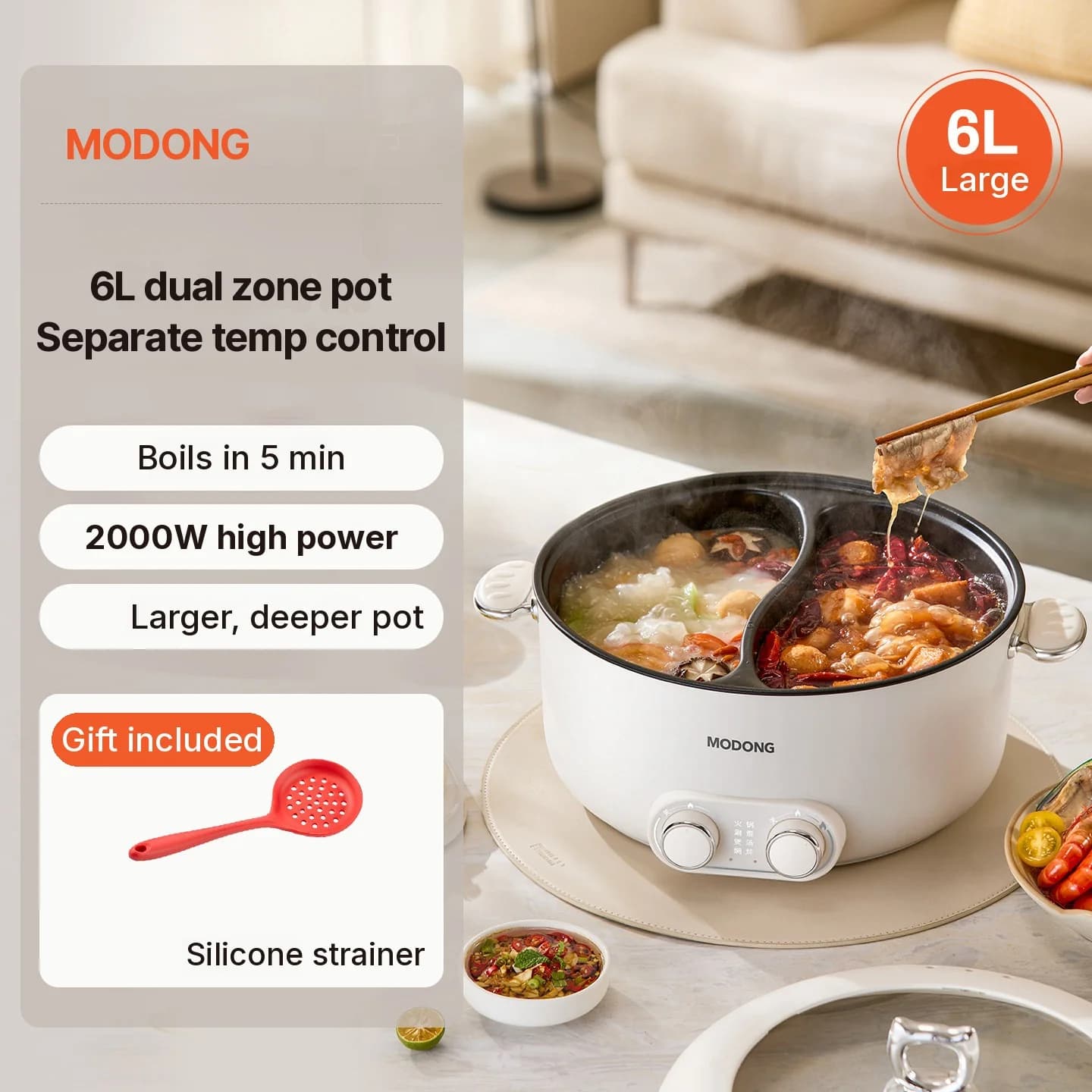 6L elektrisk hotpot med to zoner og uafhængig temperaturstyring