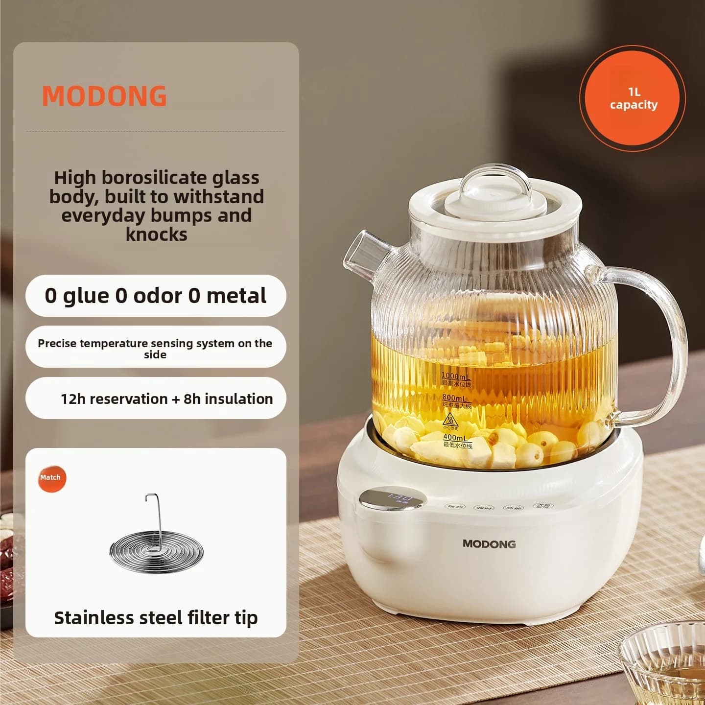 Elektrisk glas sundhedskande med temperaturkontrol og tedamper