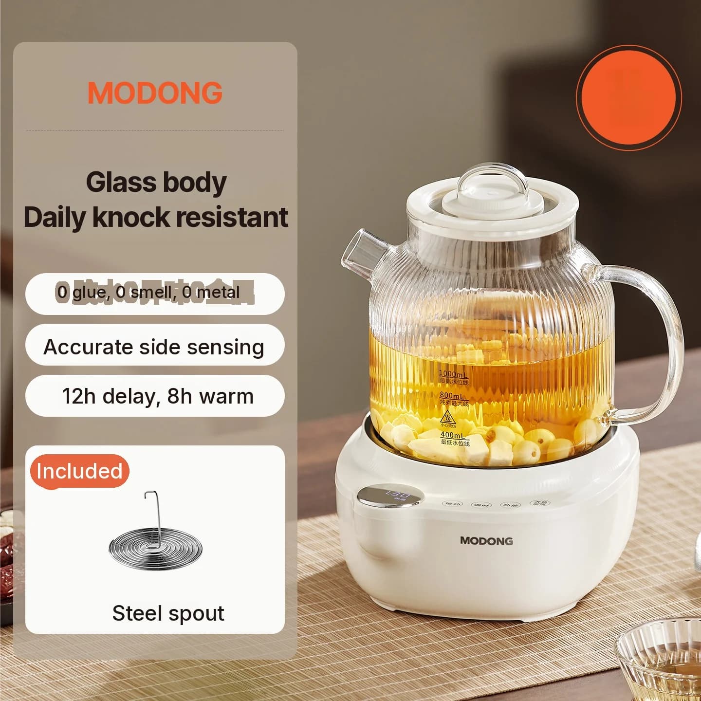 Glas elkedel med temperaturkontrol, 1L