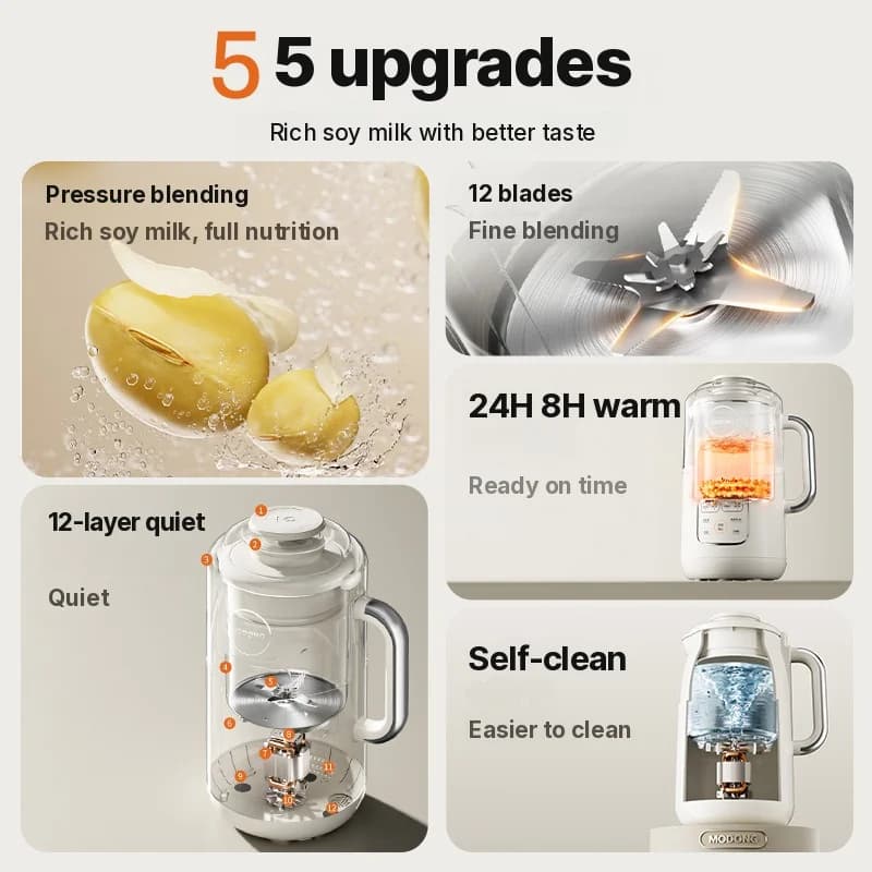 1.2L opvarmende soyamælksmaskine og blender med indergryde i rustfrit stål