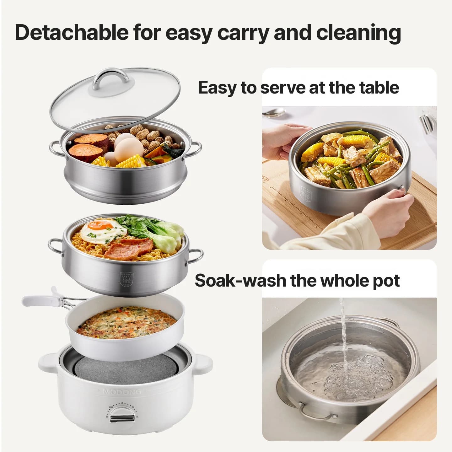 Opdelt elektrisk hotpot i rustfrit stål, 2L, 3 varmeindstillinger