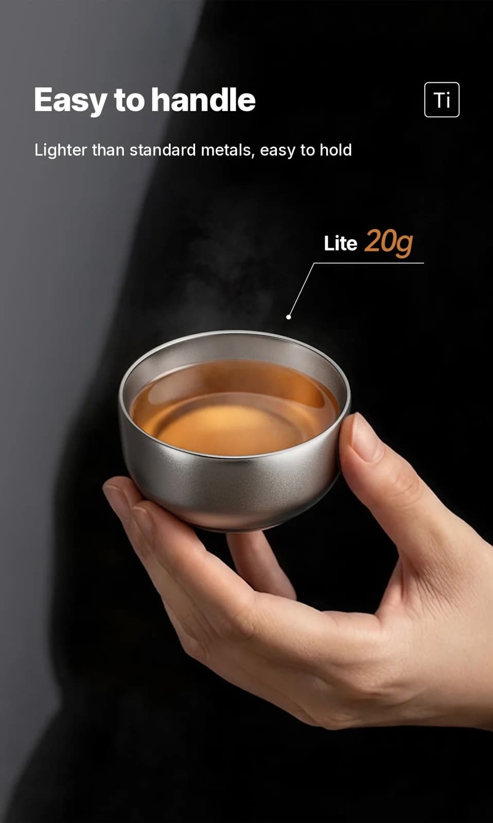 Sæt med Gongfu-tekoppe i ren titanium, 55 ml, håndlavet, mat finish
