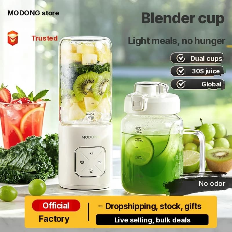 Bærbart trådløst blenderkrus med to kopper og isknusning