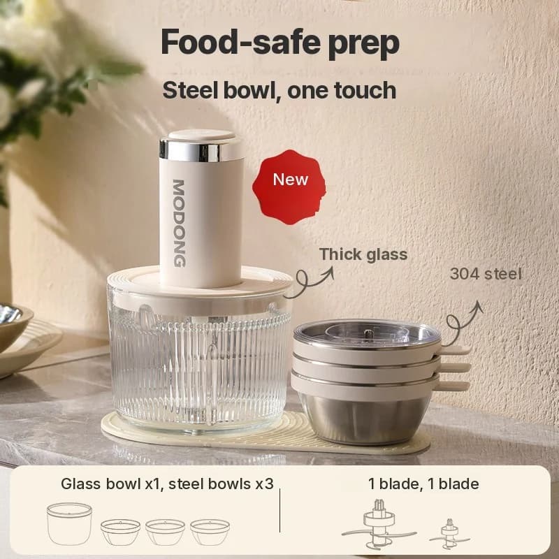 Elektrisk foodprocessor med glaskål og 4 knive til hjemmet
