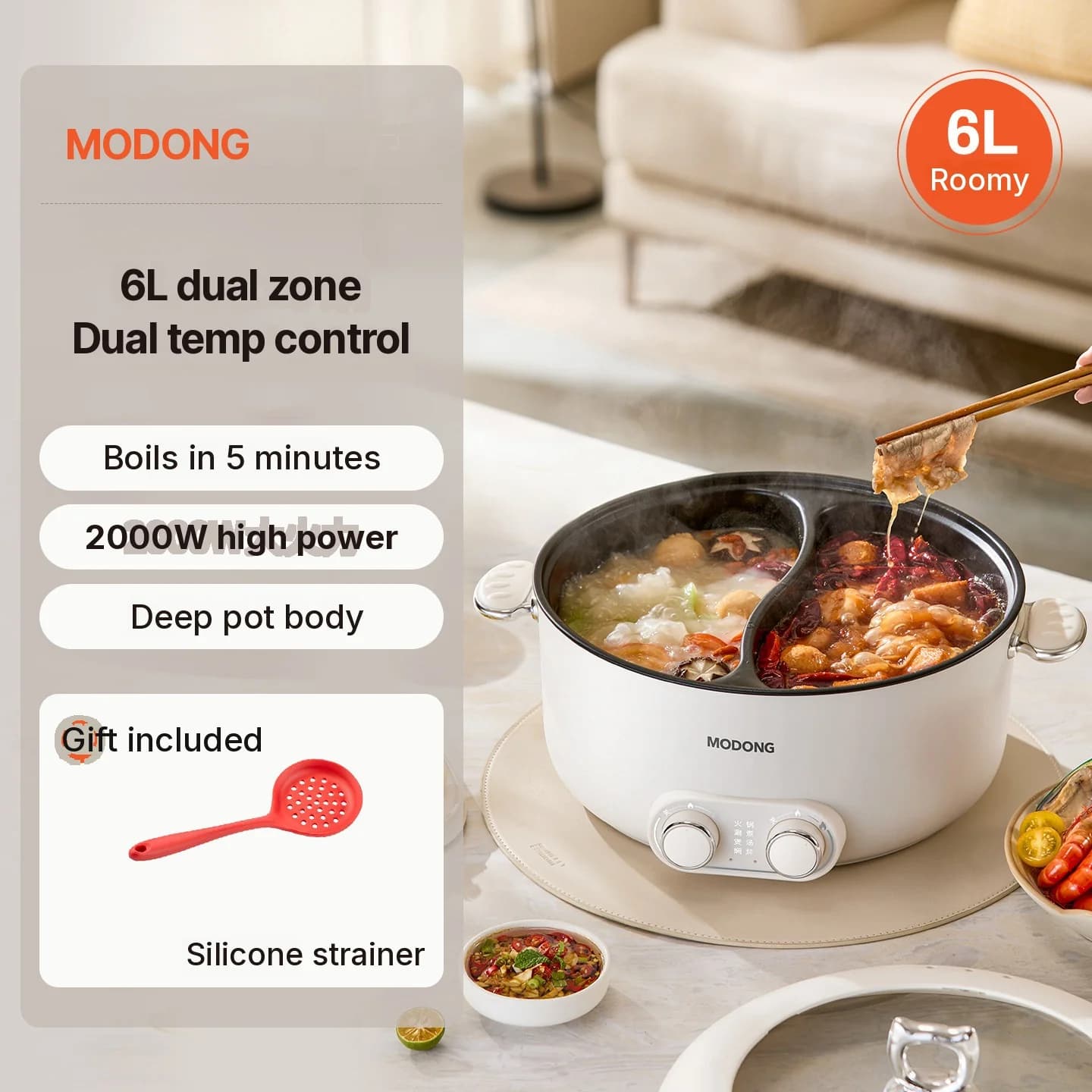 6L elektrisk hotpot med to zoner og uafhængig temperaturkontrol