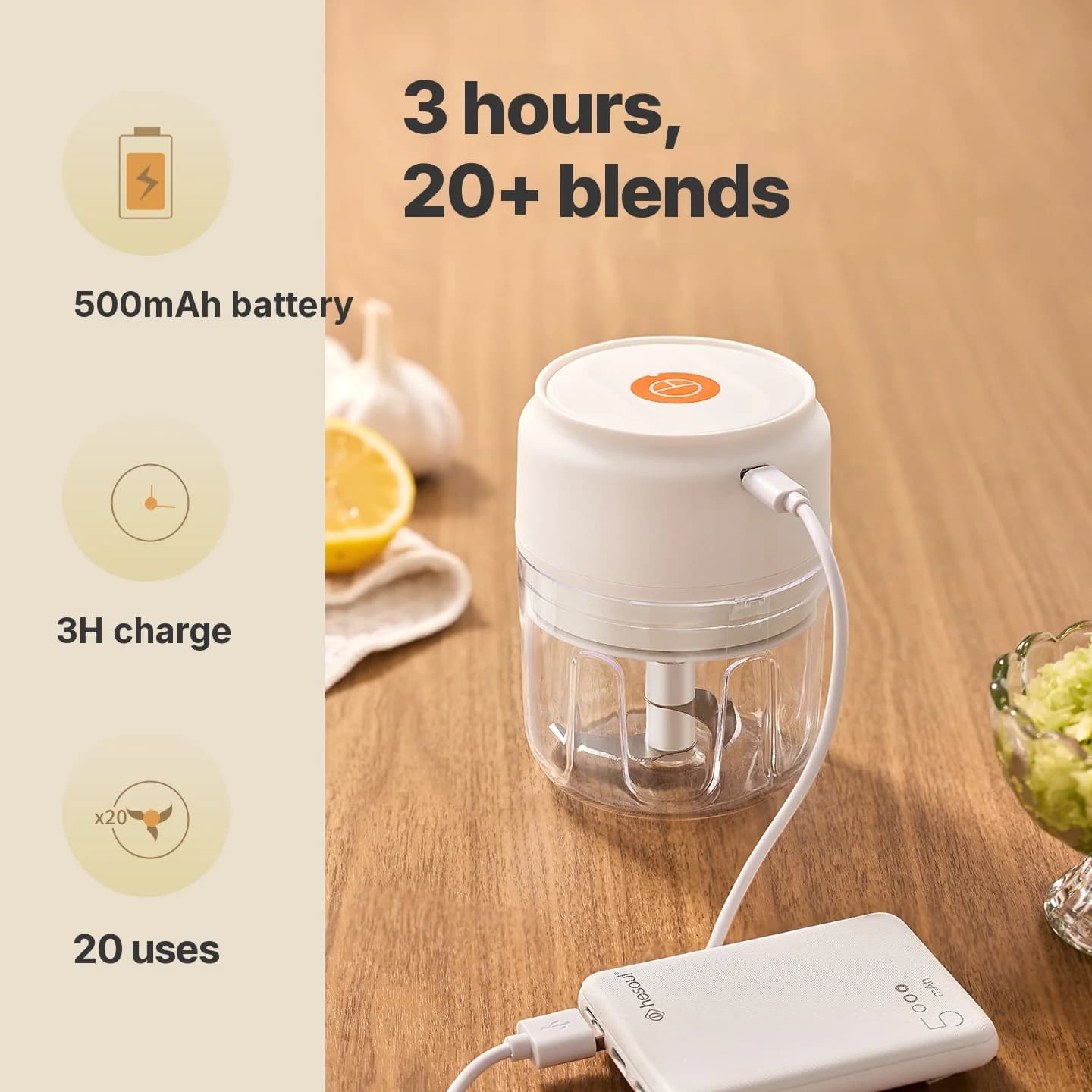 Trådløst elektrisk hvidløgshakkerkrus 250mL 5V 30W plast