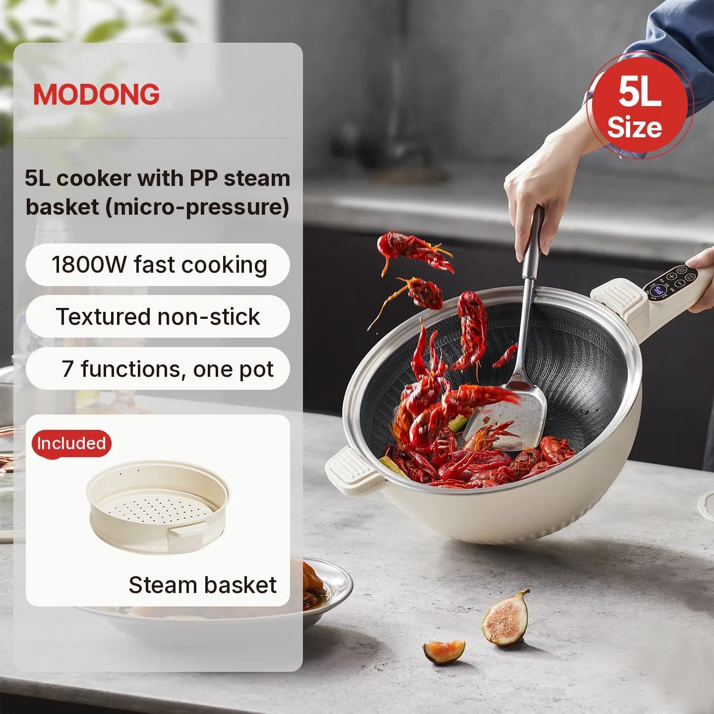 Elektrisk multifunktionel hotpot med dampkurv 5L 220V