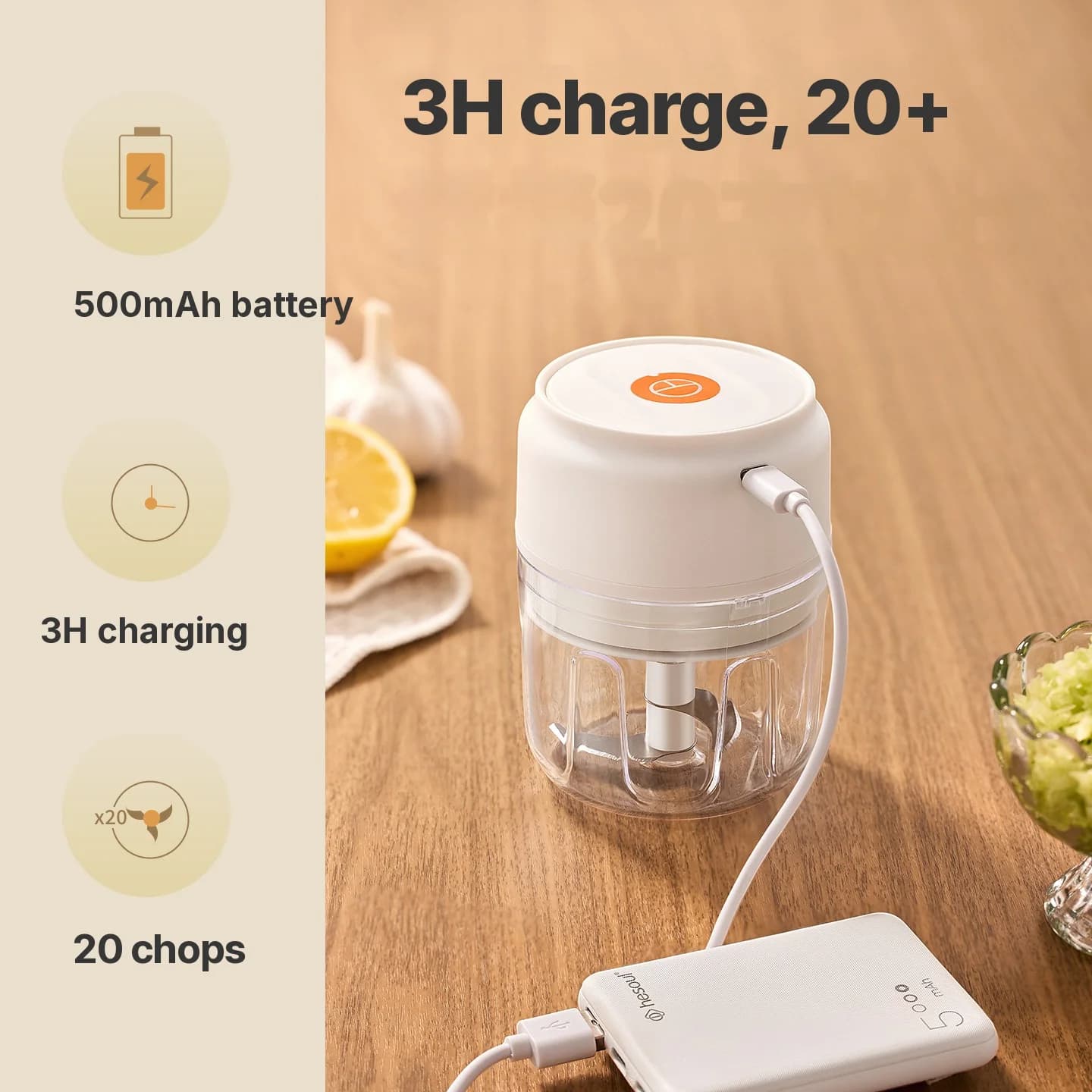 Trådløs elektrisk hvidløgschopper 250 mL 5V 30W Plast