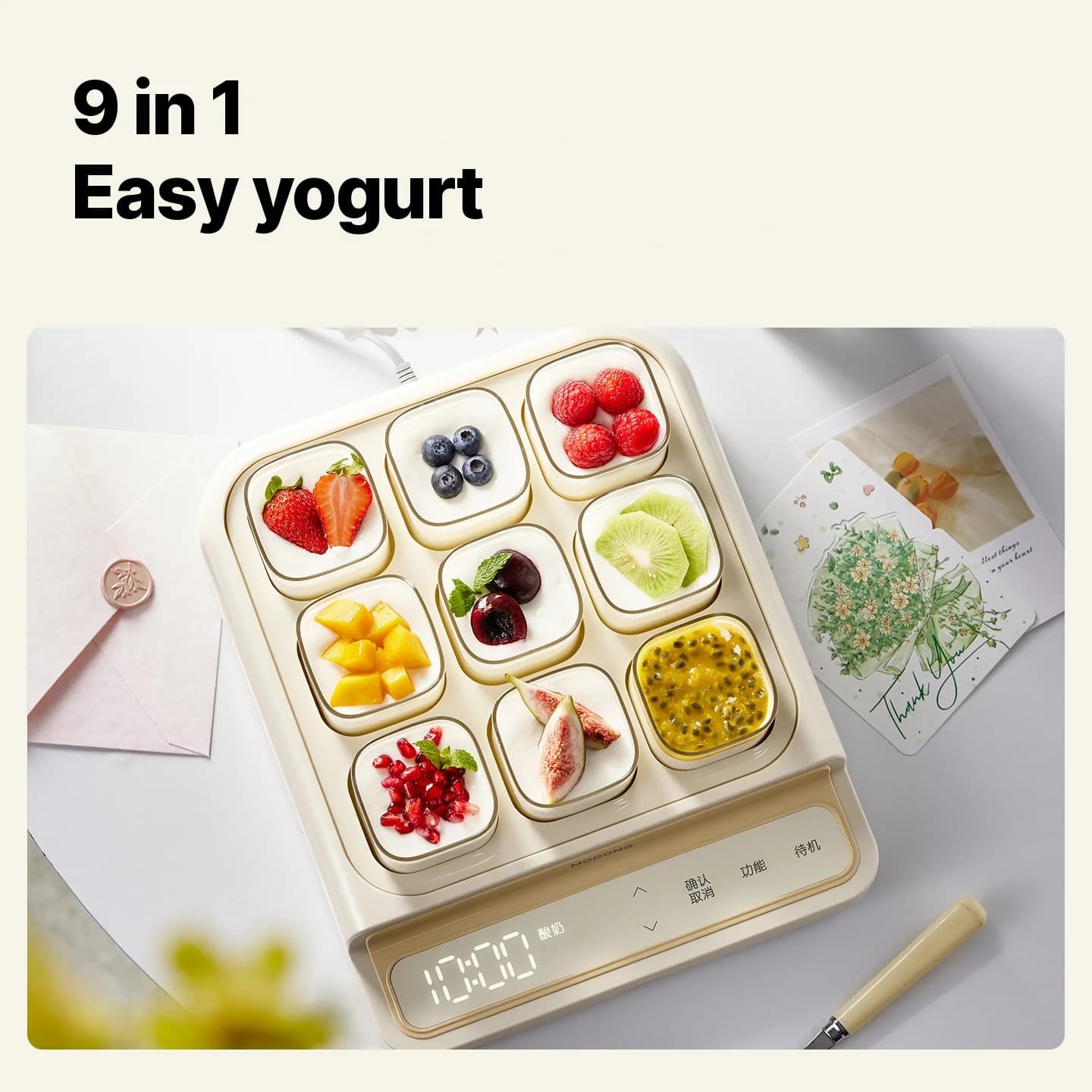 Yoghurtmaskine til 9 kopper med glasindsats og timer