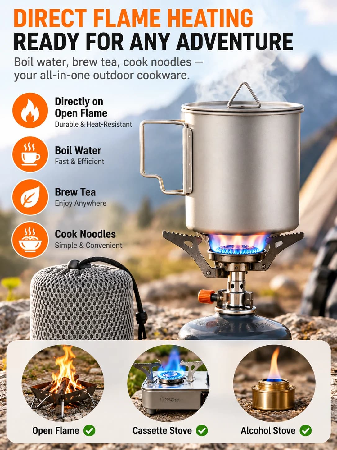 Sammenklappelig campingkop i rent titanium