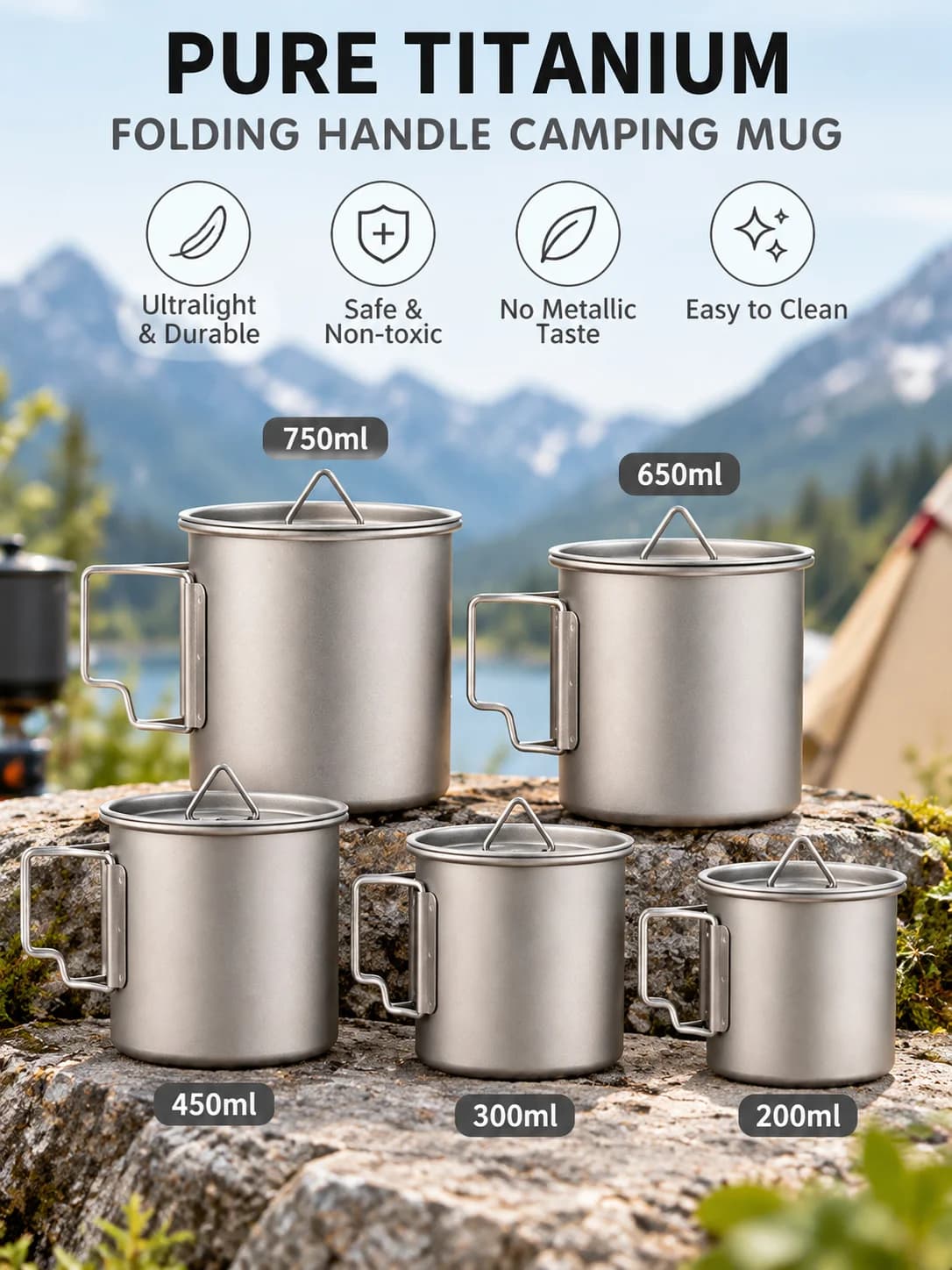 Sammenklappelig campingkop i rent titanium