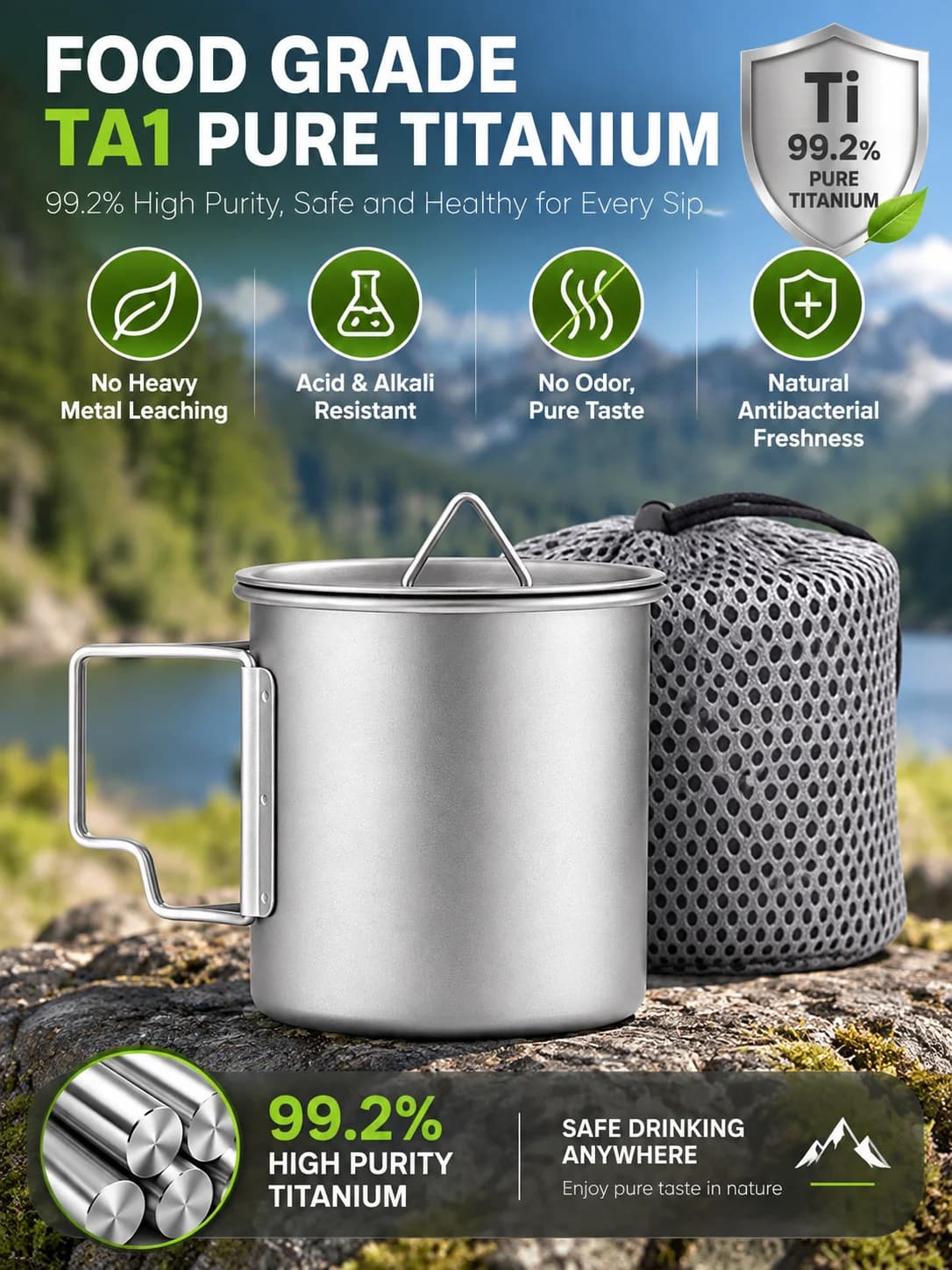Sammenklappelig campingkop i rent titanium