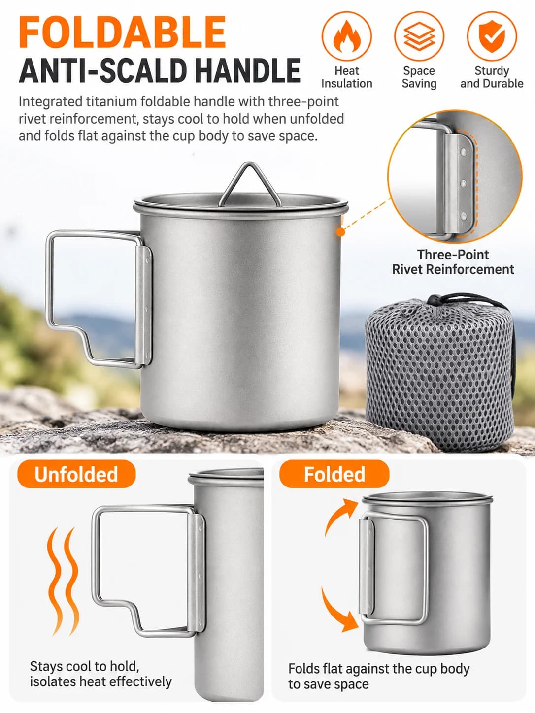 Sammenklappelig campingkop i rent titanium